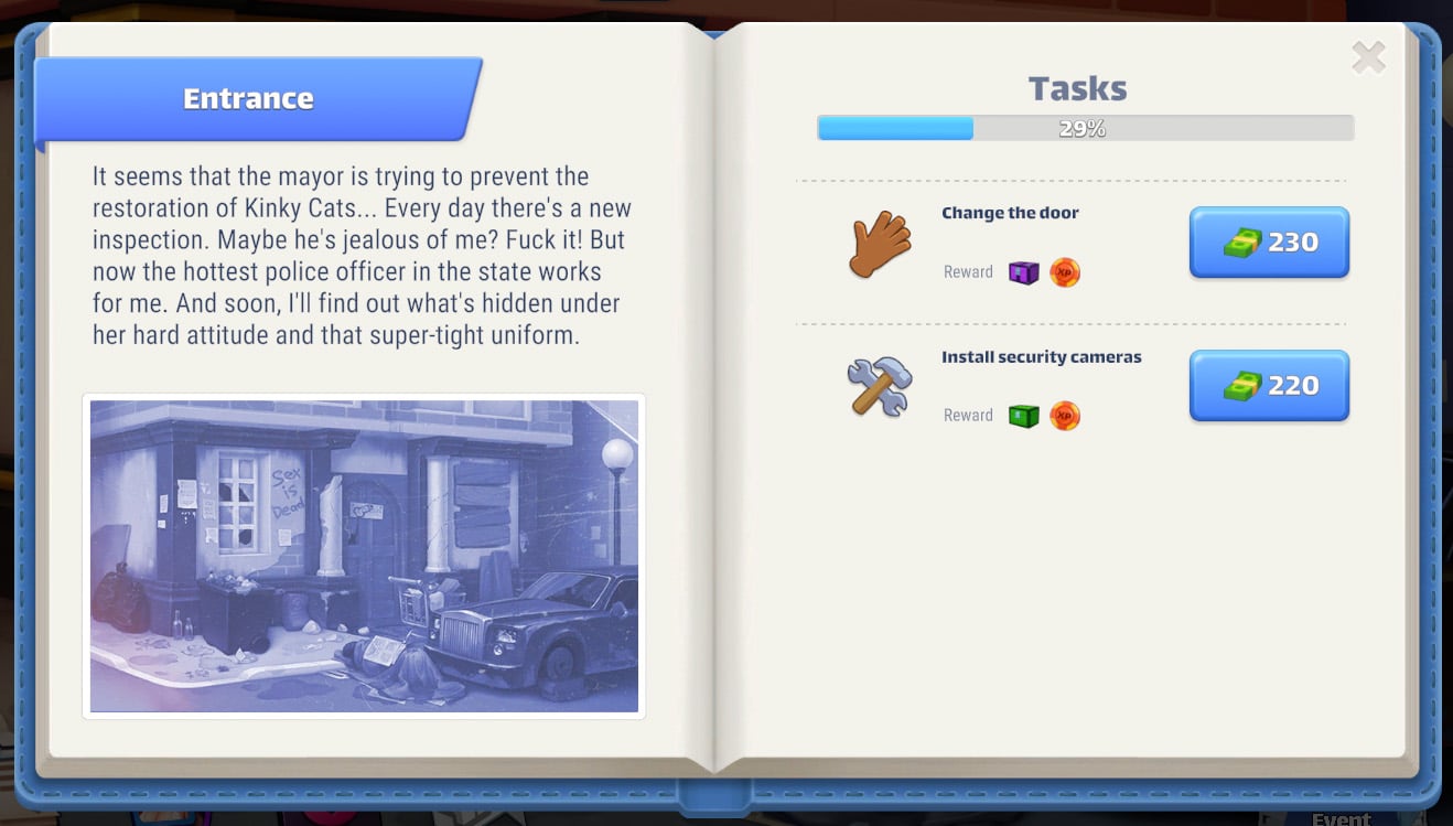 Story screen with tasks to improve the villa